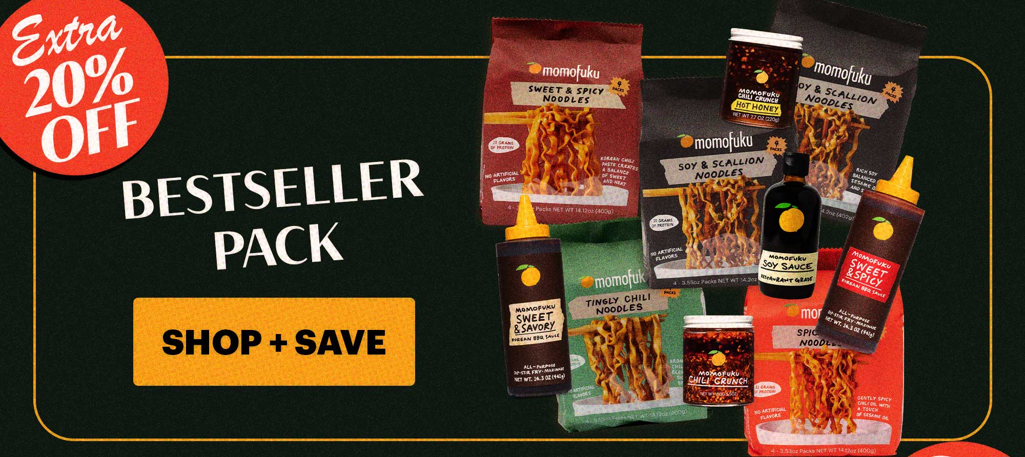 Header: Bestseller Pack CTA: SHOP + SAVE BADGE: EXTRA 20% OFF