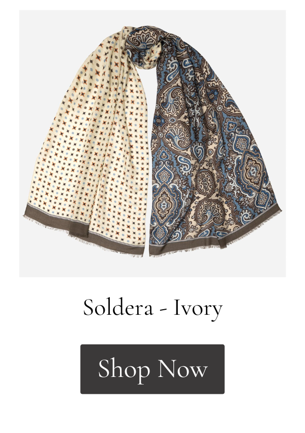 Brown and ivory paisley and geometric modal scarf