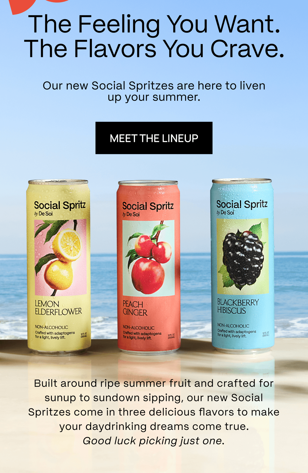 The Feeling You Want. The Flavors You Crave.  | Our new Social Spritzes are here to liven up your summer. | Meet the Lineup | Built around ripe summer fruit and crafted for sunup to sundown sipping, our new Social Spritzes come in three delicious flavors to make your daydrinking dreams come true. Good luck picking just one. 