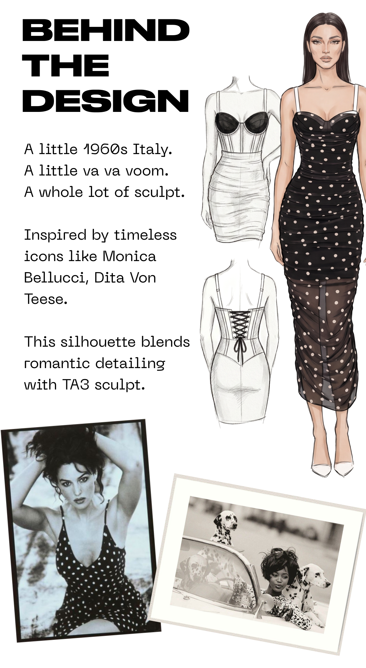 Sketches and images inspired by 1960s Italy fashion, featuring polka dot designs and romantic detailing.