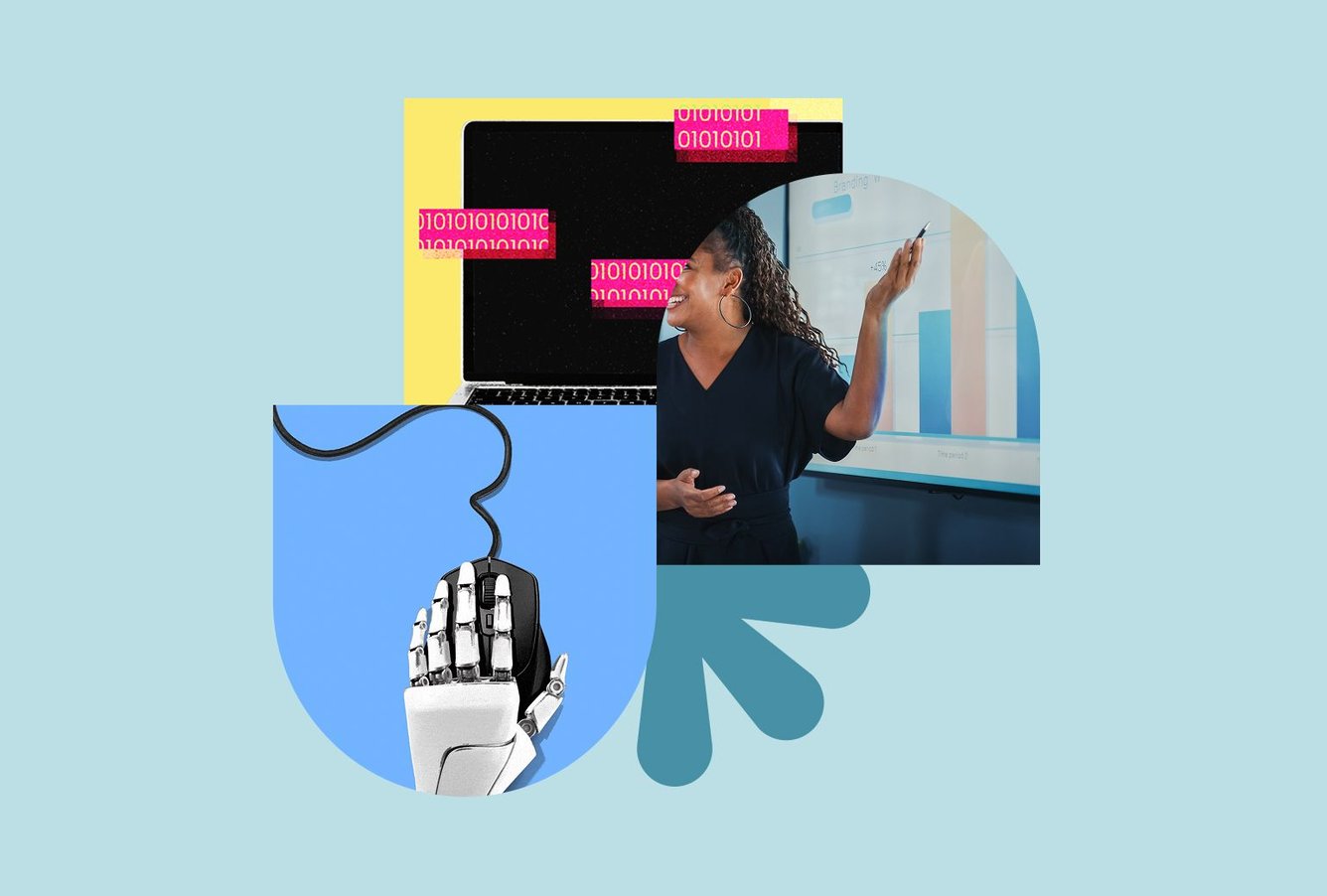 A graphic with 3 parts; an AI hand holding a mouse, a laptop screen with binary code and a woman giving a presentation
