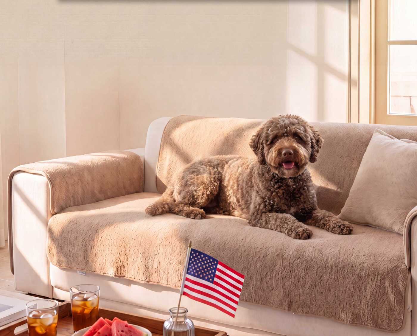 A dog relaxes on a sofa mat, ready for a calm 4th of July celebration at home.