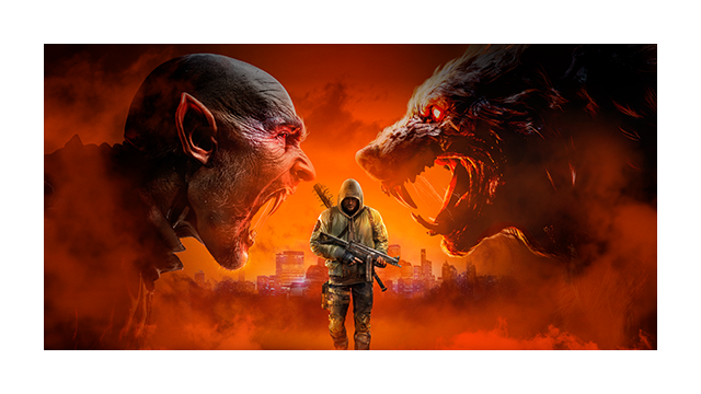 Key art for Hunter: The Reckoning – Deathwish featuring an armed Hunter striding forward as a vampire and werewolf snarl overhead.