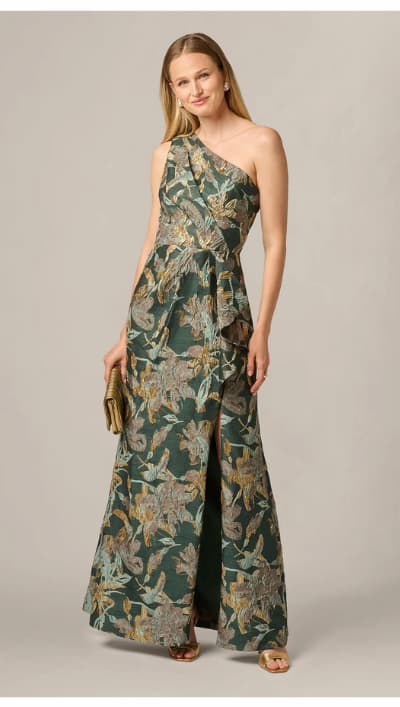 One Shoulder Jacquard Dress In Green Gold