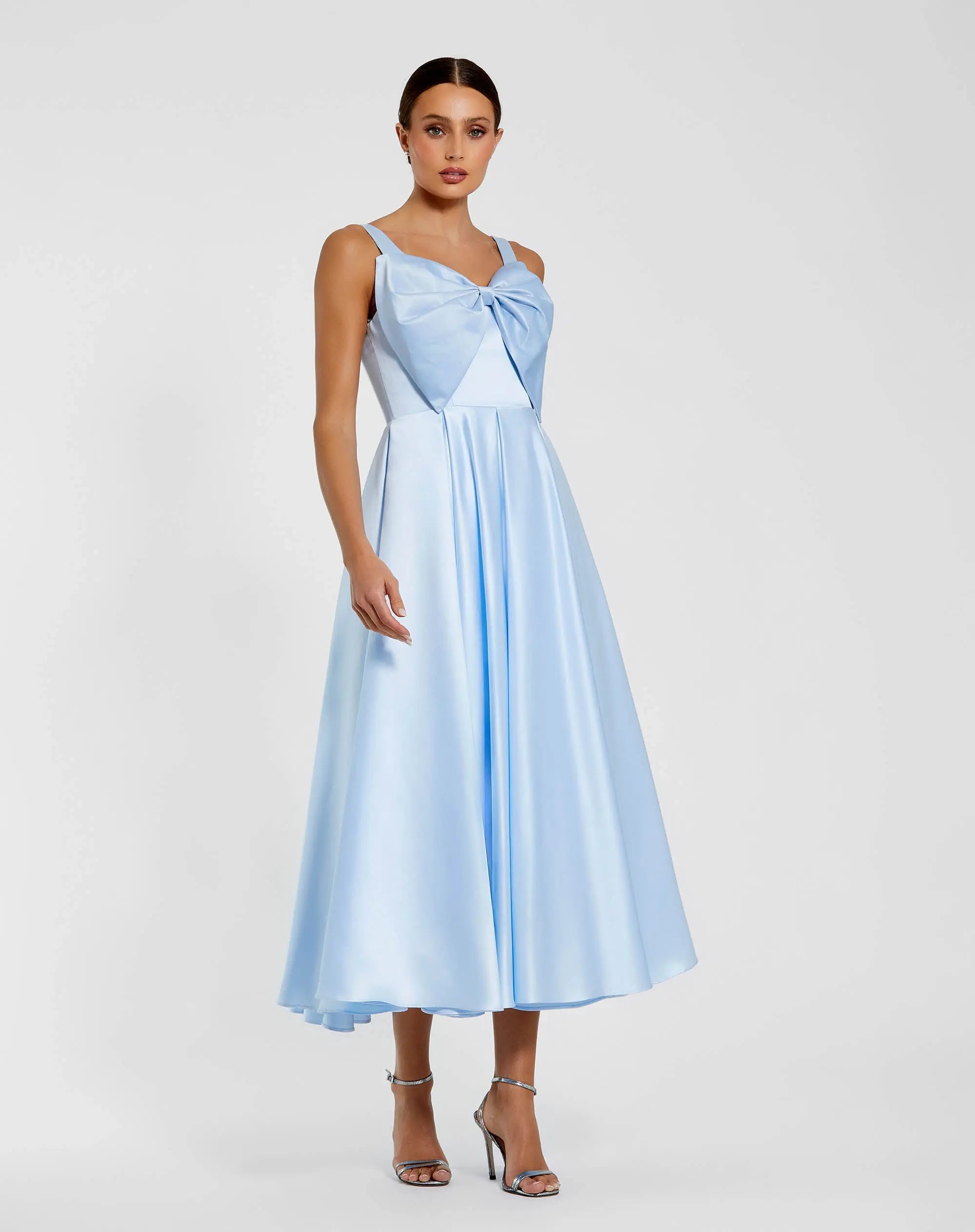 Image of Blue Satin Midi Dress with Oversized Bow