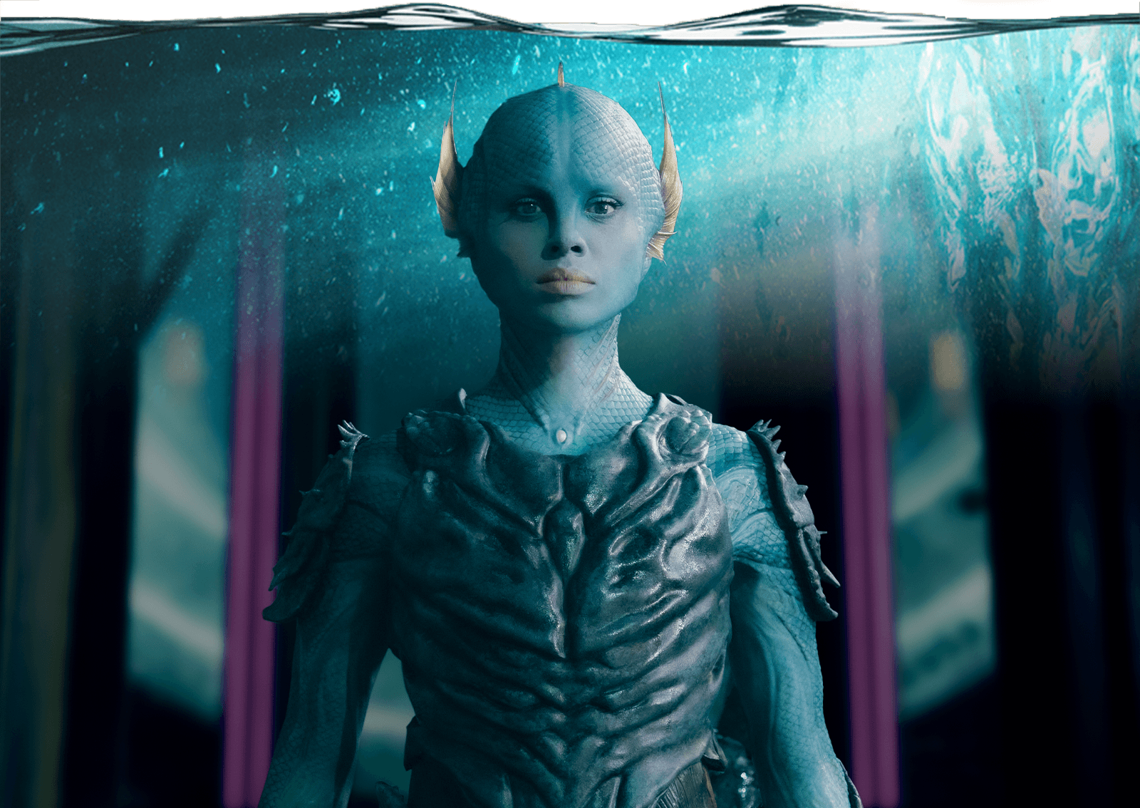 Salt, a Homo-Aqua creature played by Gugu Mbatha-Raw, looking at the camera
