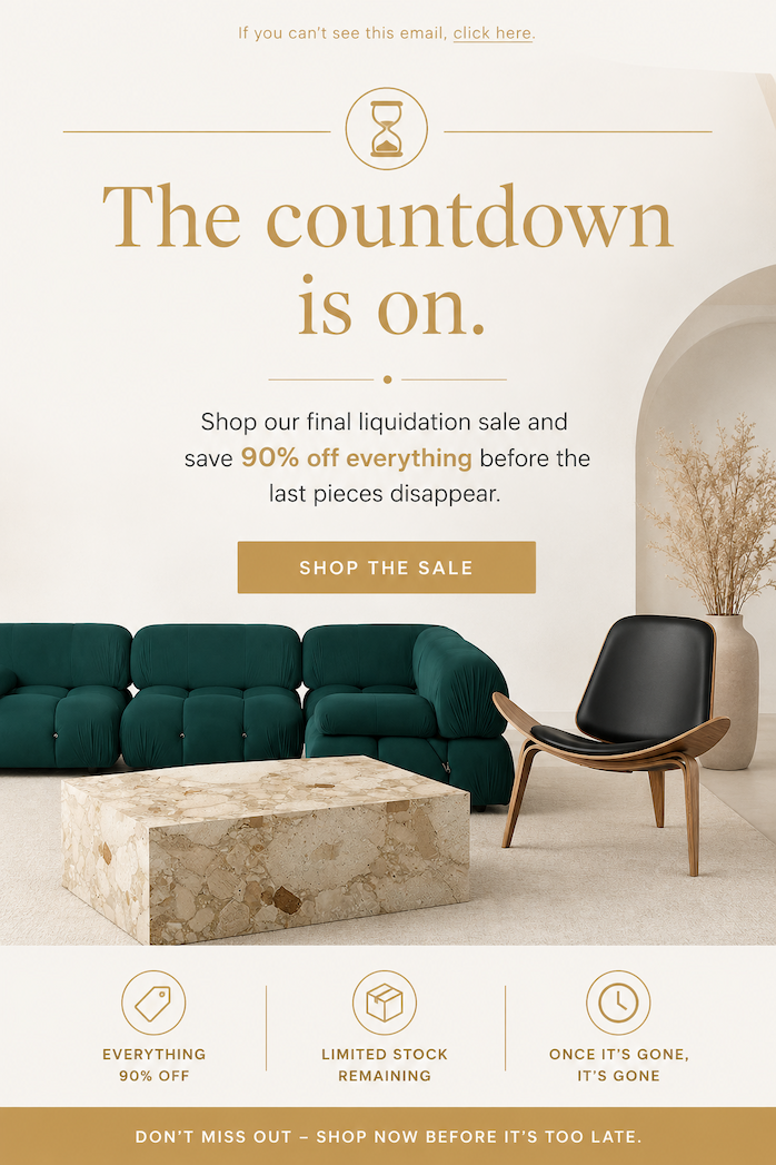 Furniture ad showcasing timeless design chairs with free shipping and fast delivery.