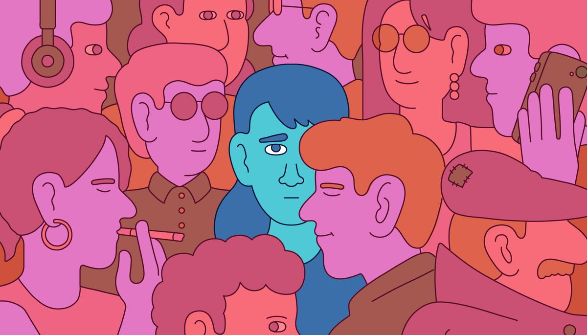 Illustration of a crowd in red. One person, in the middle, is blue.