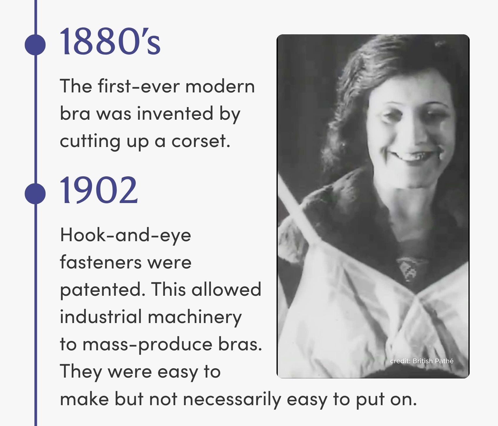 1880's Did you know that the first-ever modern bra was invented by cutting up a corset? 1902 Hook-and-eye fasteners were patented. This allowed industrial machinery to mass-produce bras credit: British Pati because they were easy to make but not necessarily easy to put on.