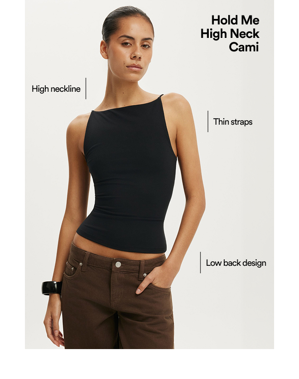 Click to shop Hold Me High Neck Cami featuring high neckline, thin straps, and low back design