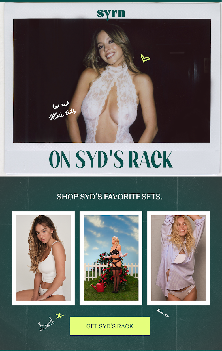 Images of Sydney Sweeney in different outfits with the text "On Syd's Rack" over the first polaroid frame.