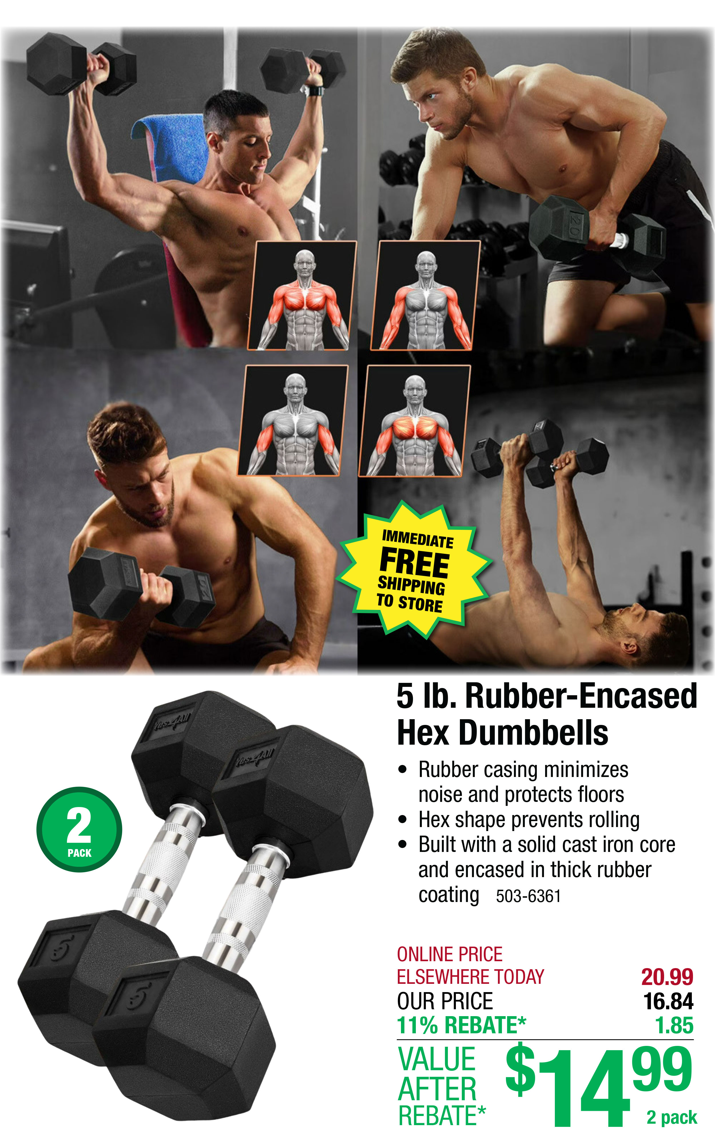 5 lb. Rubber-Encased Hex Dumbbells - ONLY $14.99 After Rebate*!