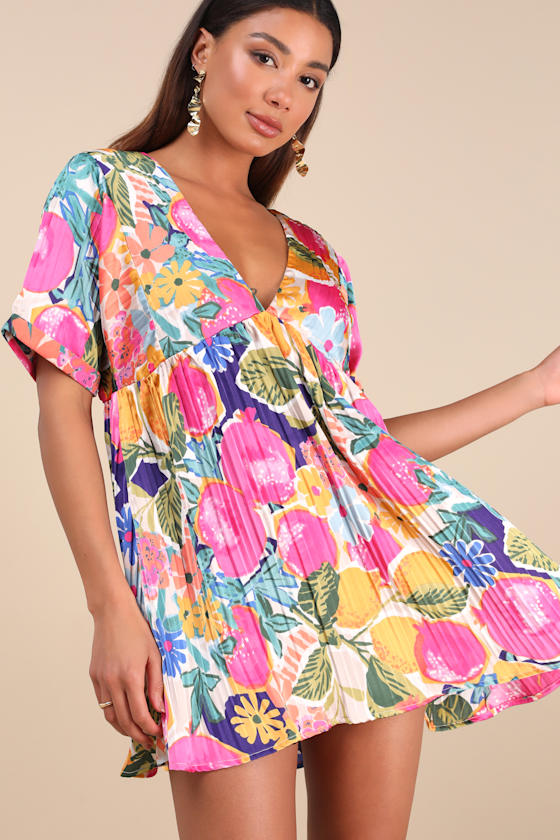 Image of Express Yourself Pink Multi Floral Print Satin Babydoll Dress