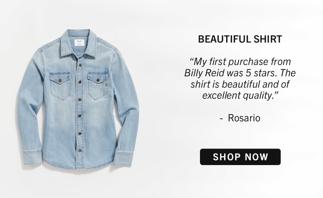 Model wears the Grey Shoals Denim Shirt
