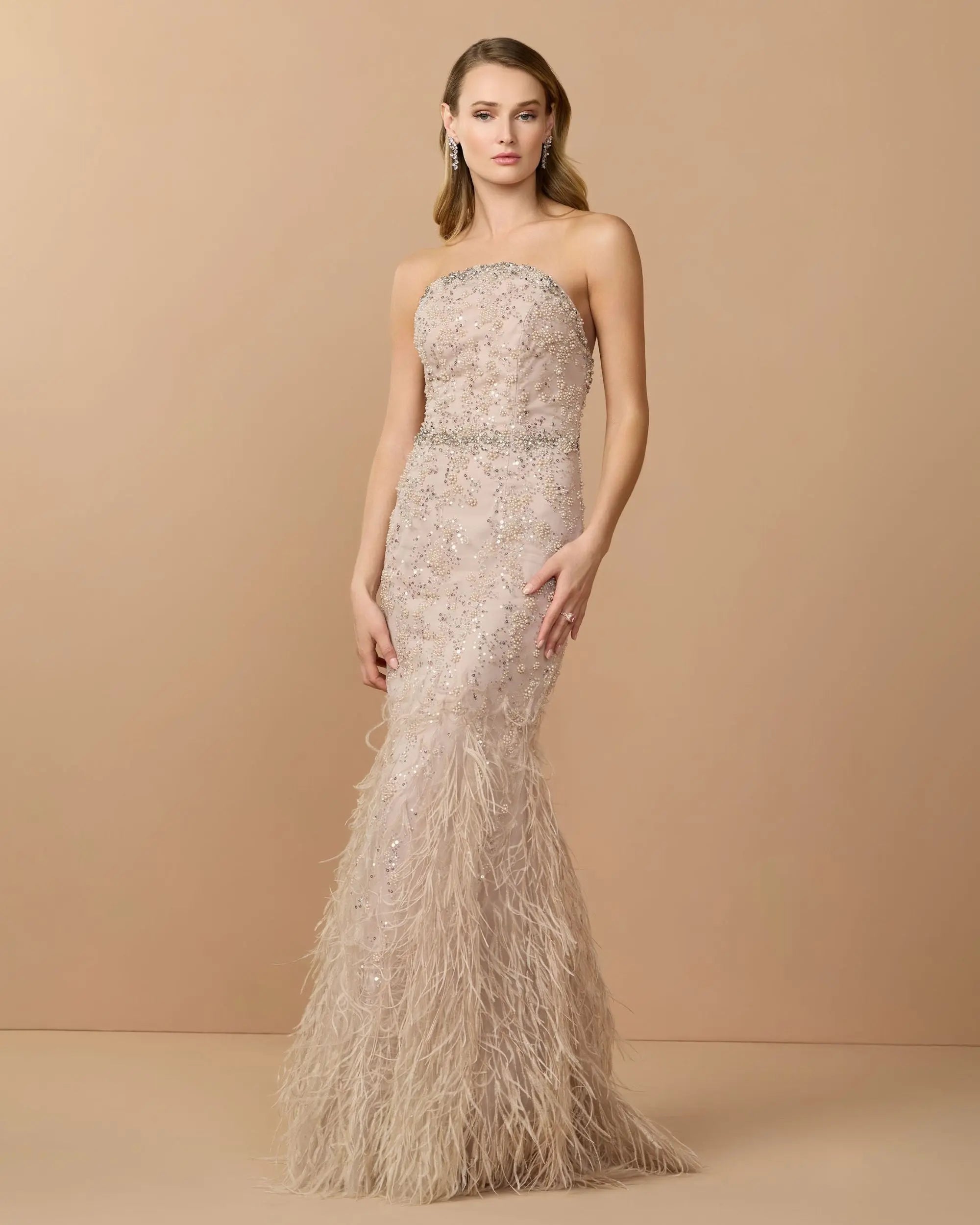 Image of Beige Strapless Embellished Mermaid Gown With Feather Hem