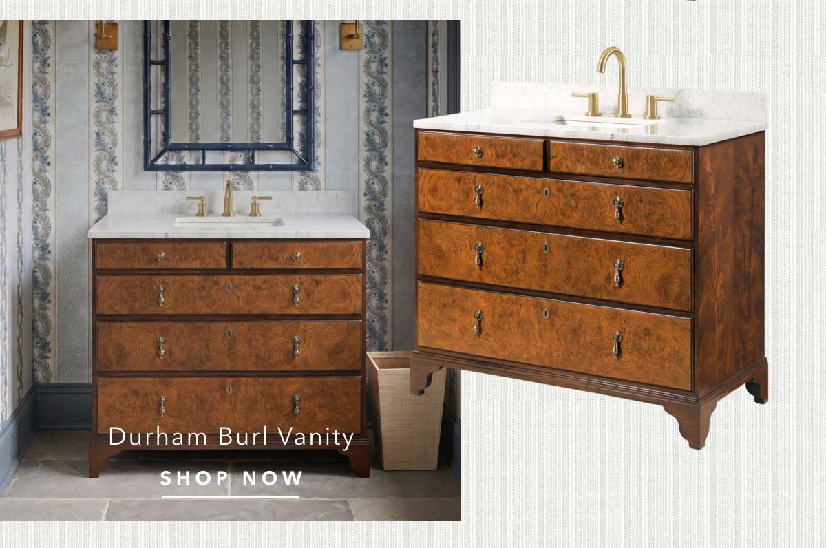Durham Updated Traditional White Carrara Marble Brown Burl Vanity Sink Chest