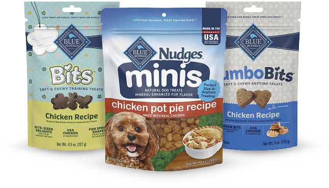 Packs of BLUE Bits, Nudges Minis, and Jumbo Bits dog treats are surrounded by purple flowers.