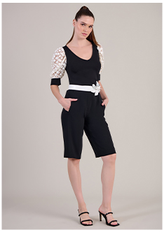 Black V-Neck Short Sleeve Top with White Open Lace Puff Sleeves
