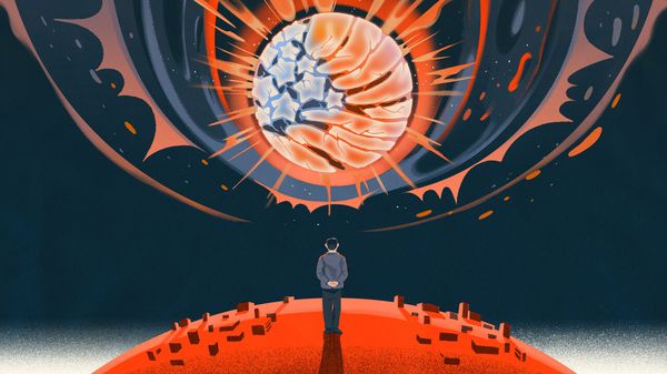 A man stands on a planet representing China, staring at a blazing, dying star coloured like the U.S.