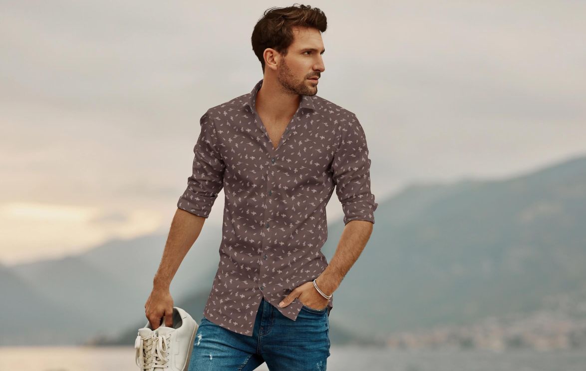 Long Sleeve Pure Cotton Shirt. Brown Leaves