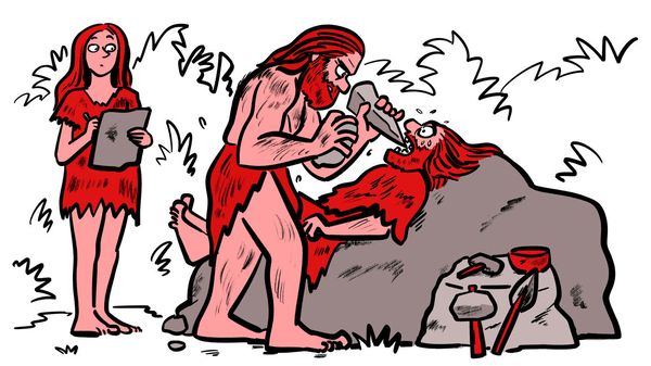Cartoon illustration of two Neanderthals performing a prehistoric dental procedure with stone tools, surrounded by rocks and primitive objects.