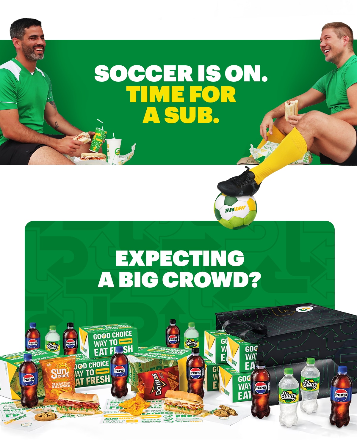 A soccer-themed promotional email for Sub Club exclusive offers. Large headline text reading, “Starting tomorrow. Your shot to score every Summer of Soccer Deal”. Below is copy announcing that every deal is back for only 24 hours tomorrow but there are current deals available to them right now. Mix and match $7.99 two 6-inch subs and two Footlongs for $16.99. The second to bottom section reads “Soccer is on. Time for a sub”. With a sign off promoting Subway Catering with same-day delivery or pick up available to feed your watch party crowd. Two call-to-action buttons read “Order for gametime” and “Feed my crowd”.
