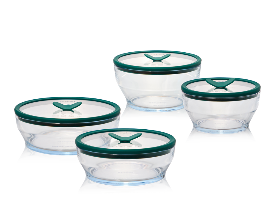 The Anyday Everything Dish Everyday Set, a plastic-free glass cooking and storage set with kale-green lids, shown with a "Under $100" label. This set includes essential dish sizes for everyday microwave cooking, storing, and reheating