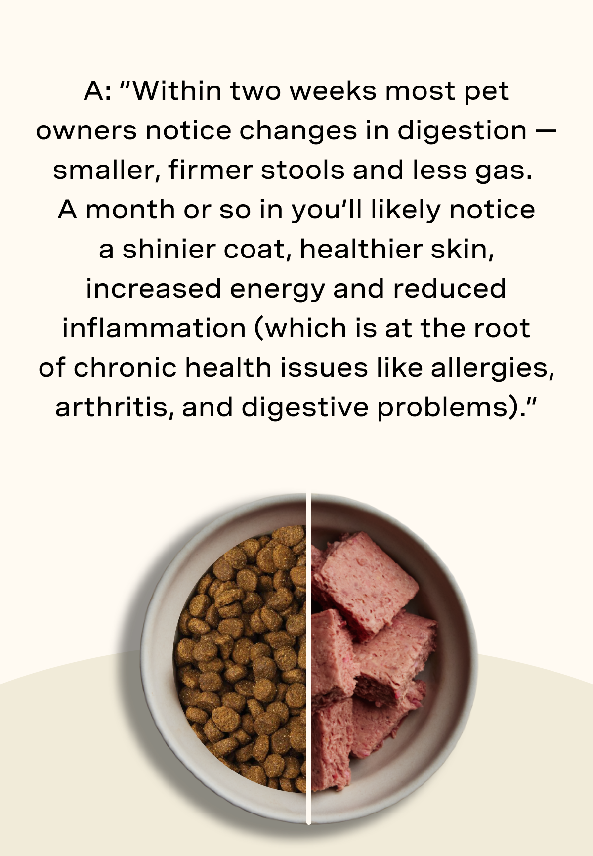 A: “Within two weeks most pet owners notice changes in digestion — smaller, firmer stools and less gas.  A month or so in you’ll likely notice a shinier coat, healthier skin, increased energy and reduced inflammation (which is at the root of chronic health issues like allergies, arthritis, and digestive problems).”