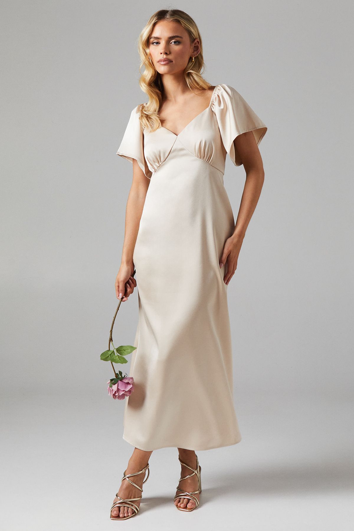 Petite Angel Sleeve Satin Bridesmaid Midi Dress