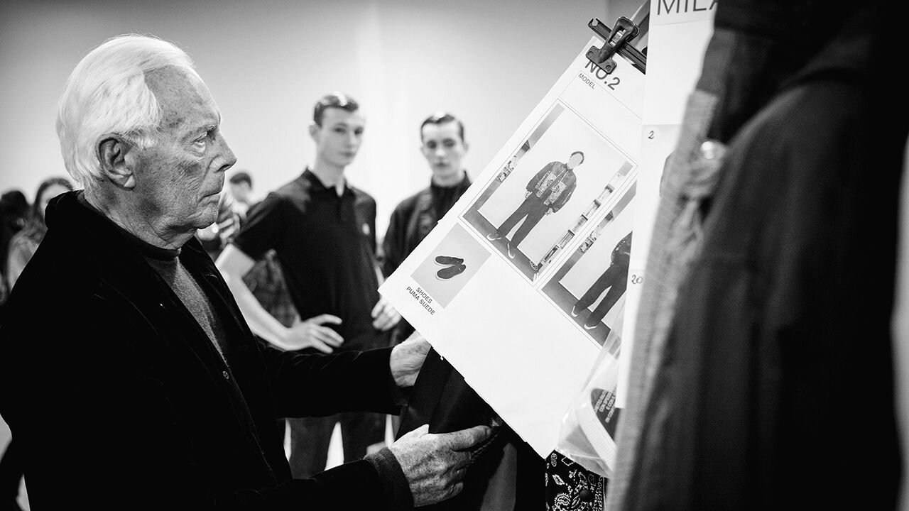 Designer Giorgio Armani seen backstage 