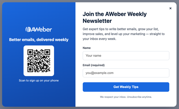 Screenshot of a QR code with signup form