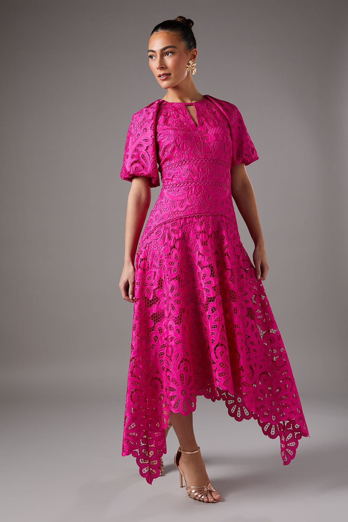 Lace Hanky Hem Puff Sleeve Dress