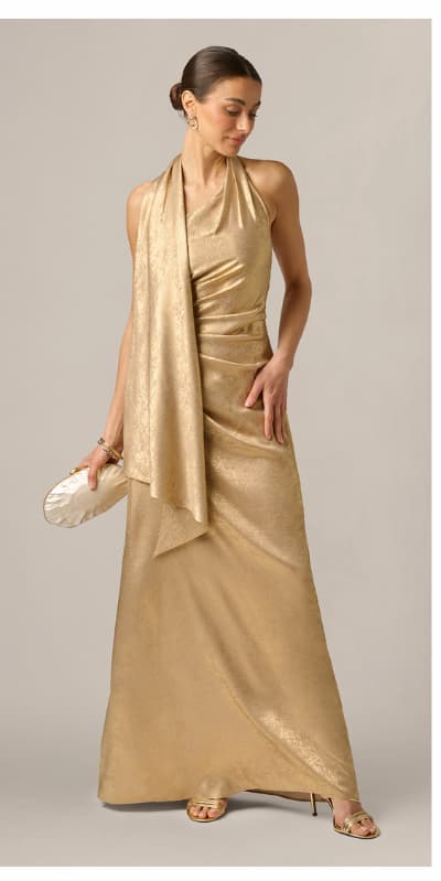 Foil Chiffon Scarf Halter Gown In Light Gold
