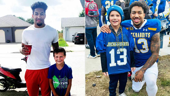 Side by side photo of college student and boy.