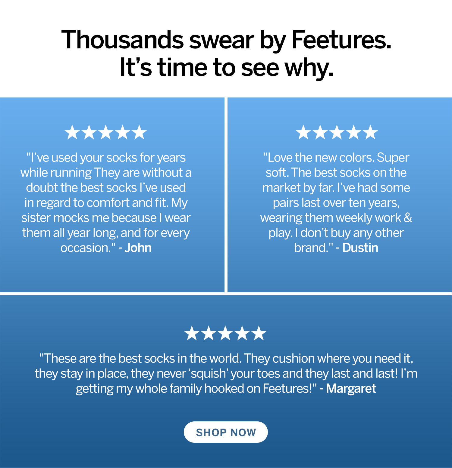 Thousands Swear by Feetures. Here's three 5 star reviews about how much of a difference Feetures socks make.