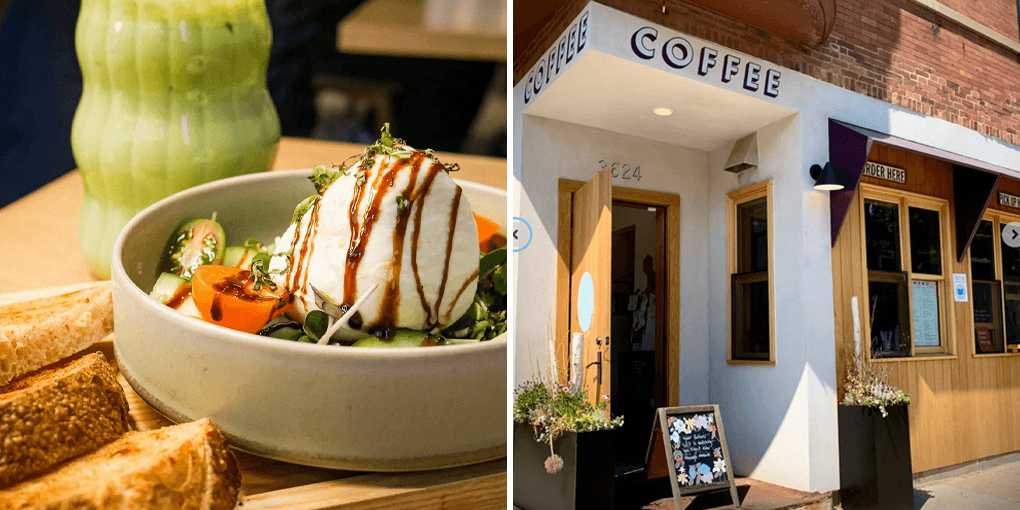 A burrata salad (left) and the storefront (right)