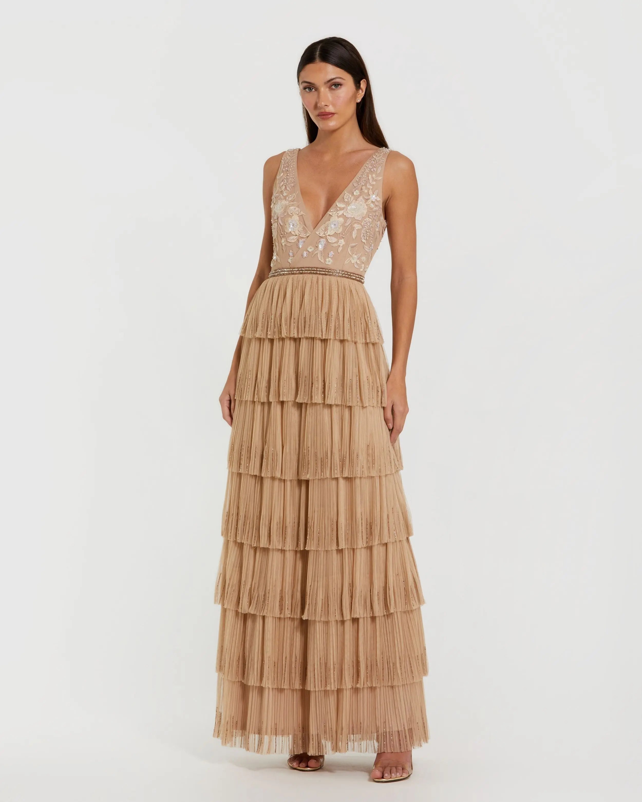 Image of Beige Beaded Mesh V Neck Gown With Tiered Ruffles