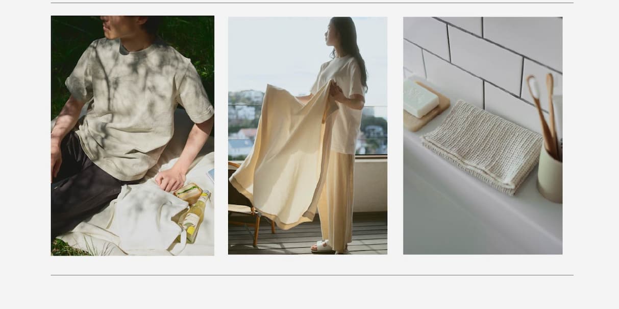 a display of images featuring the new t-shirt and waffle cloth towels from the Futo collection