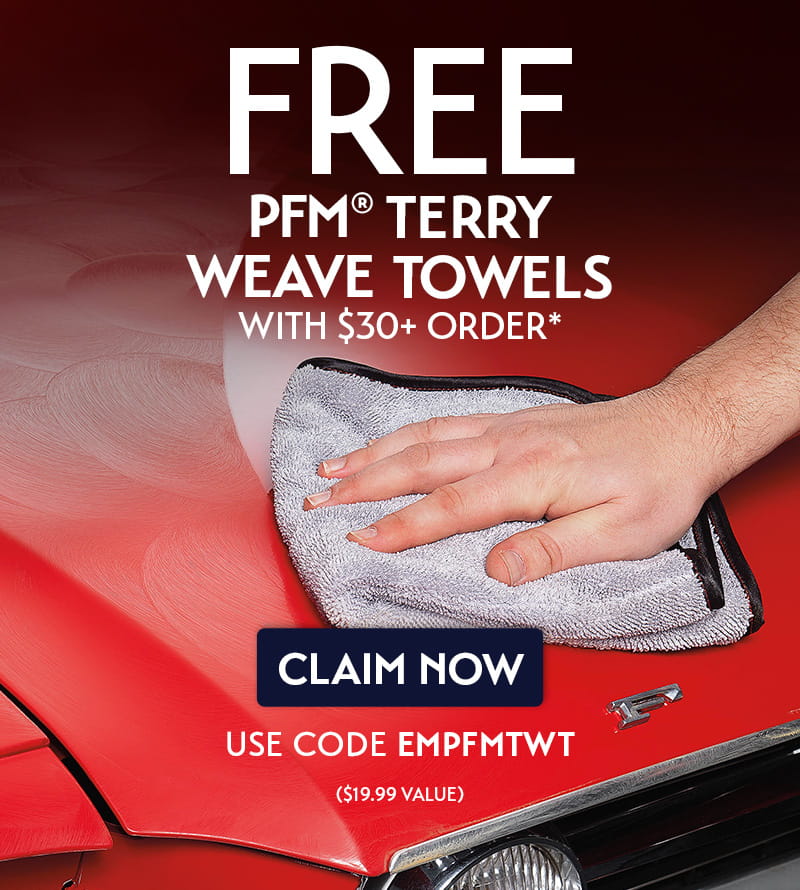 Image of hand buffing off polish from a red car with the PFM Terry Weave Towel. Text is overlayed the image and reads: FREE PFM Terry Weave Towels with $30+ Order ($19.99 value)