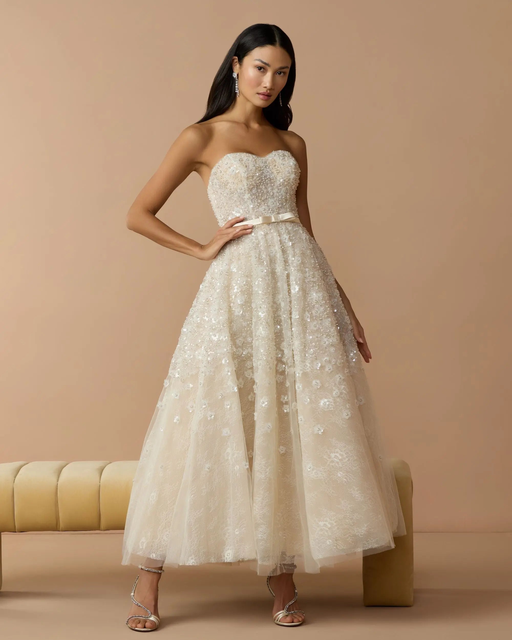Image of Ivory Strapless Embellished Lace A-Line Midi Dress