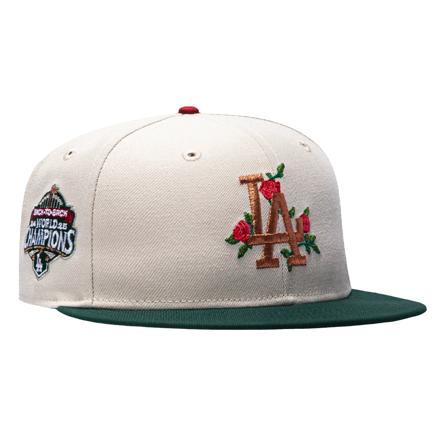 Image of New Era 59Fifty Los Angeles Dodgers Back to Back Champions Patch Rose Hat - White, Green, Metallic Copper