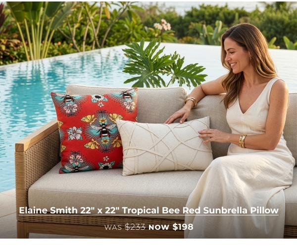 Elaine Smith 22in x 22in Tropical Bee Red Sunbrella Pillow
