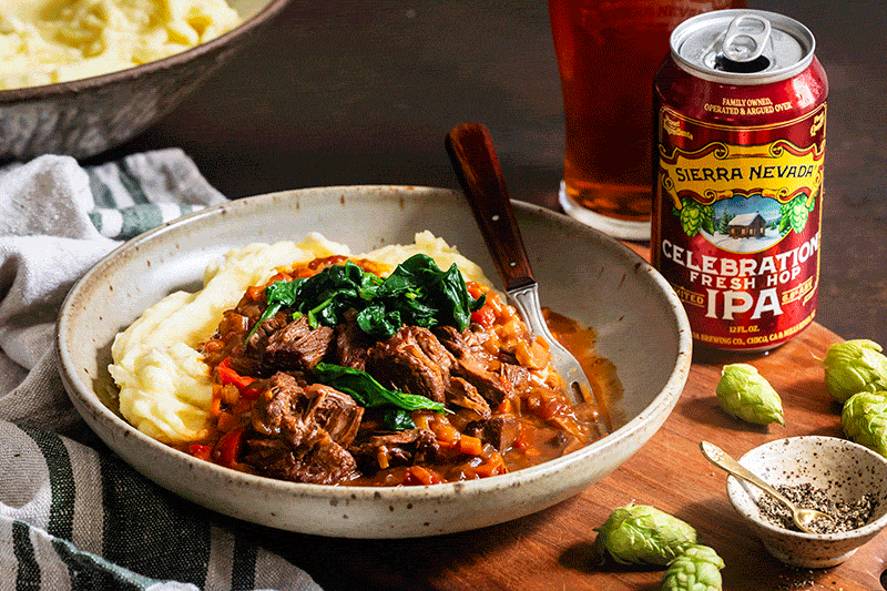 Three rotating photos of beer-infused recipes