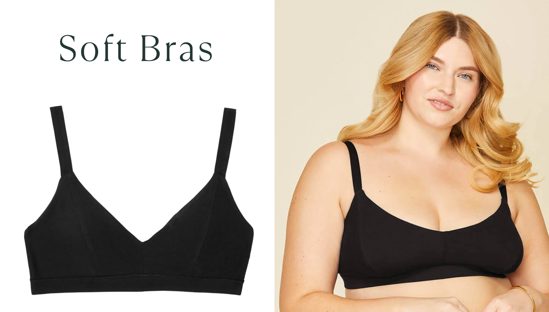 Model wearing Subset's soft black Bra. Text: Soft Bras. 
