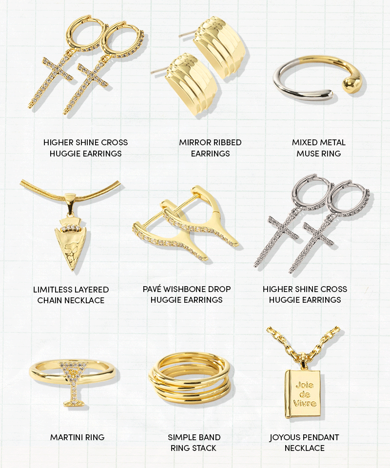 Grid of gold and silver jewelry including gold earrings, mixed metal bracelet, gold ring stacks, and a gold necklace