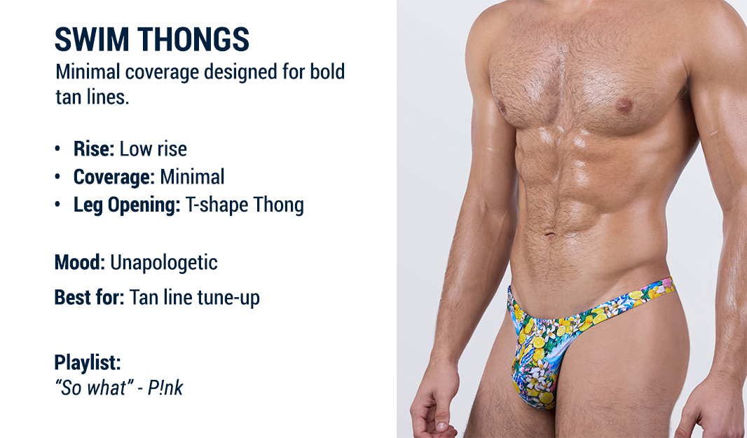 The Swim Fit Guide — Vol. 1 — DC2 Swim Thongs shown on model wearing the Citrics Choice print, illustrating a minimal, low-rise thong fit.
