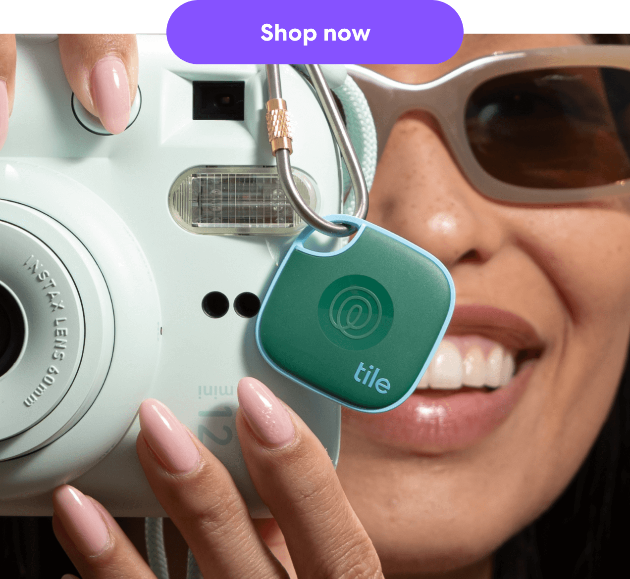 Shop now - Green/Blue Tile Mate attached to Polaroid camera