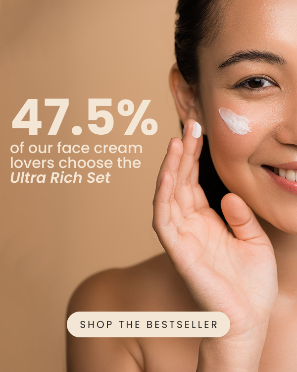 Beautiful lady smiling. Text: 47.5% of our face cream lovers choose the ultra rich set. You can shop this bestseller by clicking this image. 