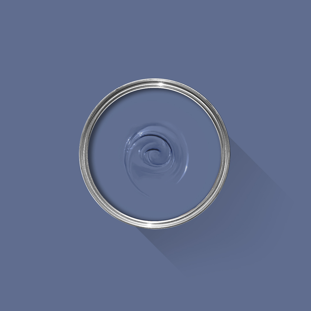 A photo looking down on a Farrow & Ball sample pot filled with Pitch Blue