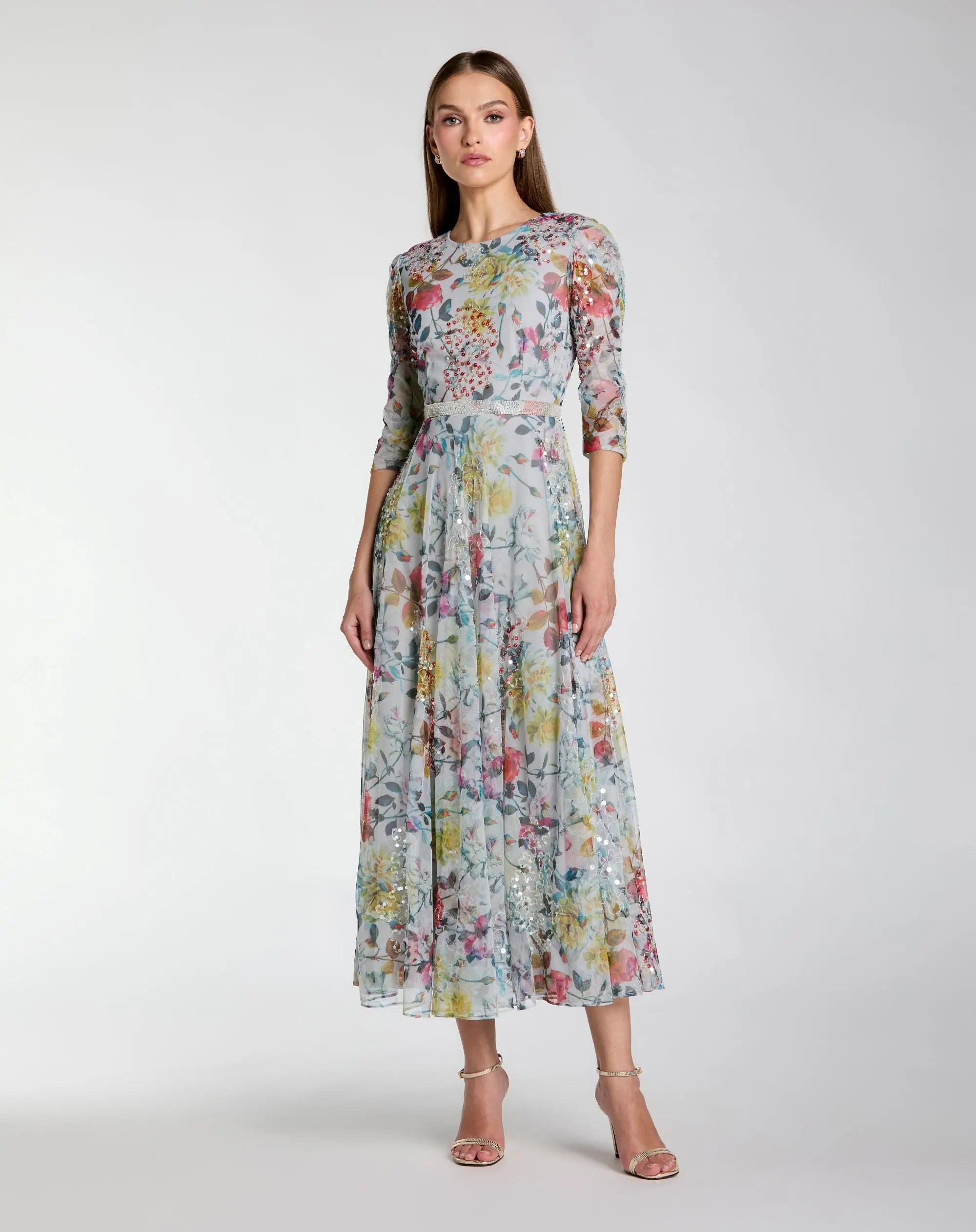 Image of Blue Multicolor Floral Midi Dress With 3/4 Sleeves